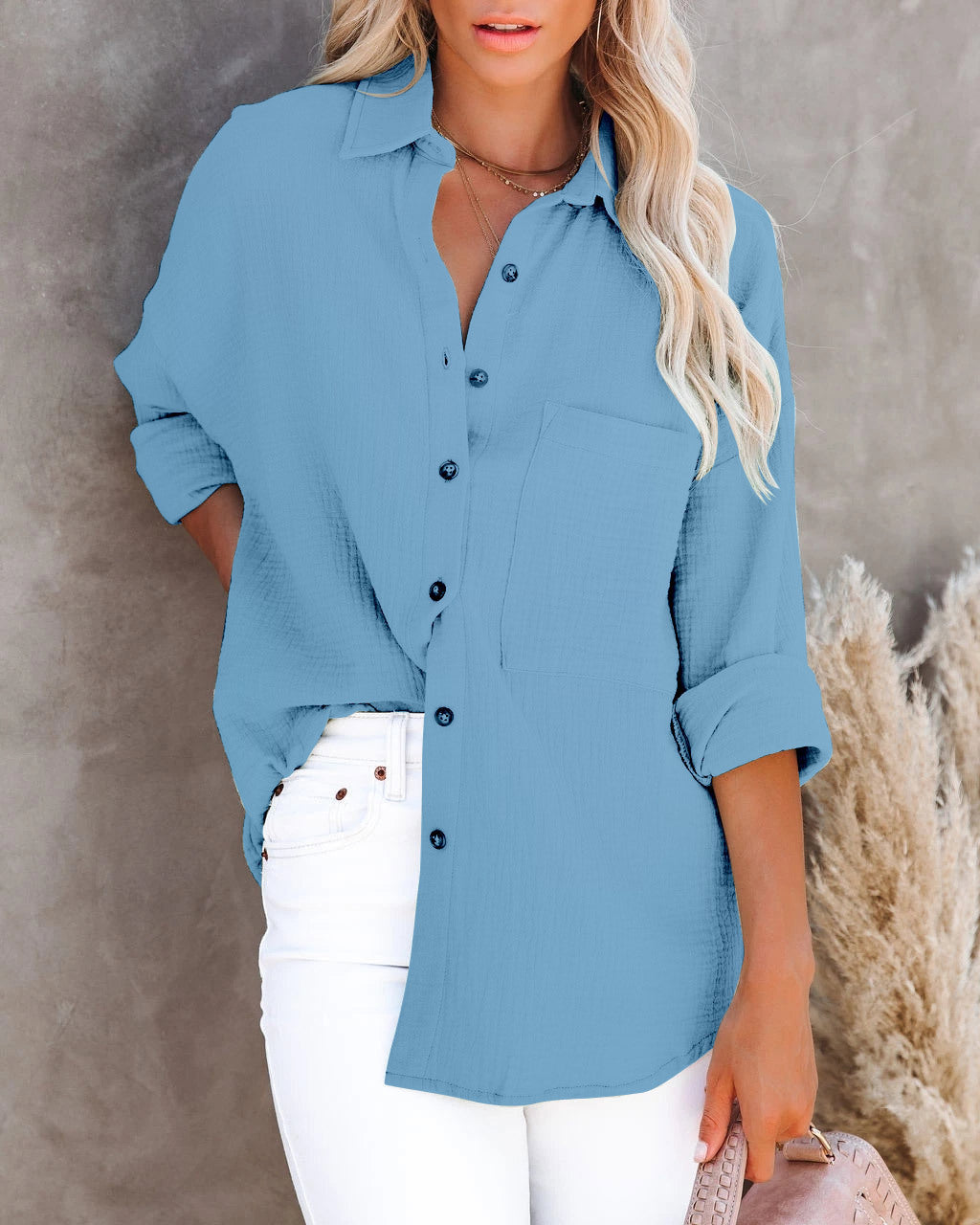 V Neck Button Down Ladies Cotton Linen Shirt