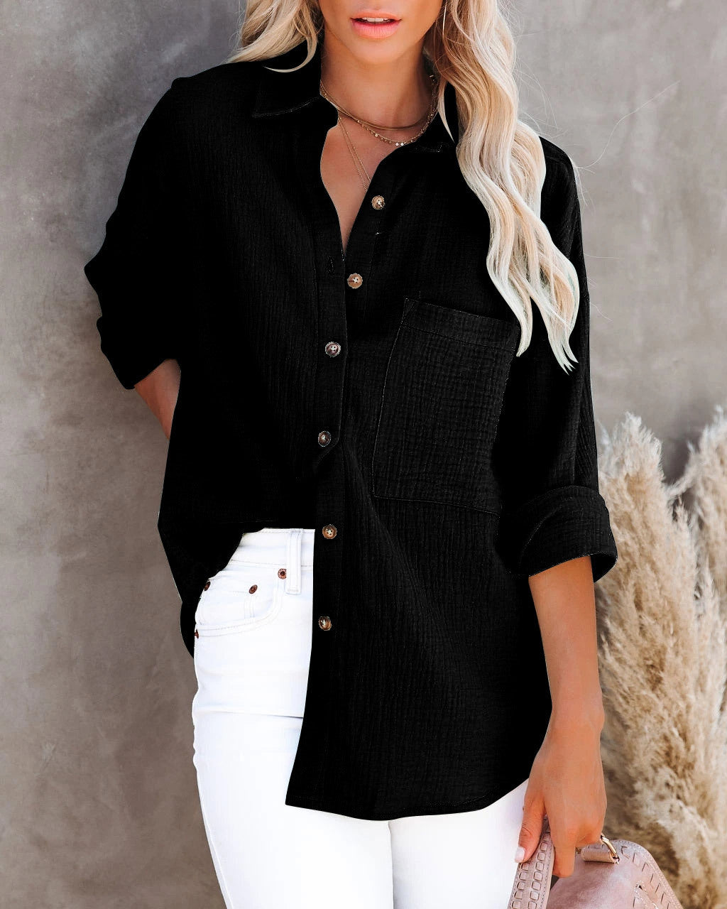 V Neck Button Down Ladies Cotton Linen Shirt